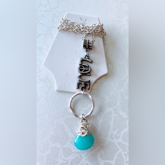 Silver 'Love' Pendant Necklace with aqua gemstone - Picture 1 of 2
